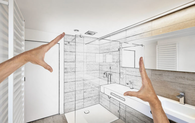 Skizze eines geplanten Badezimmers mit grosszügiger Duschkabine.