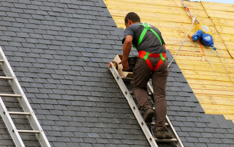Dachdecker mit Sicherheitsgurt auf einer Leiter verlegt Dachbedeckung.