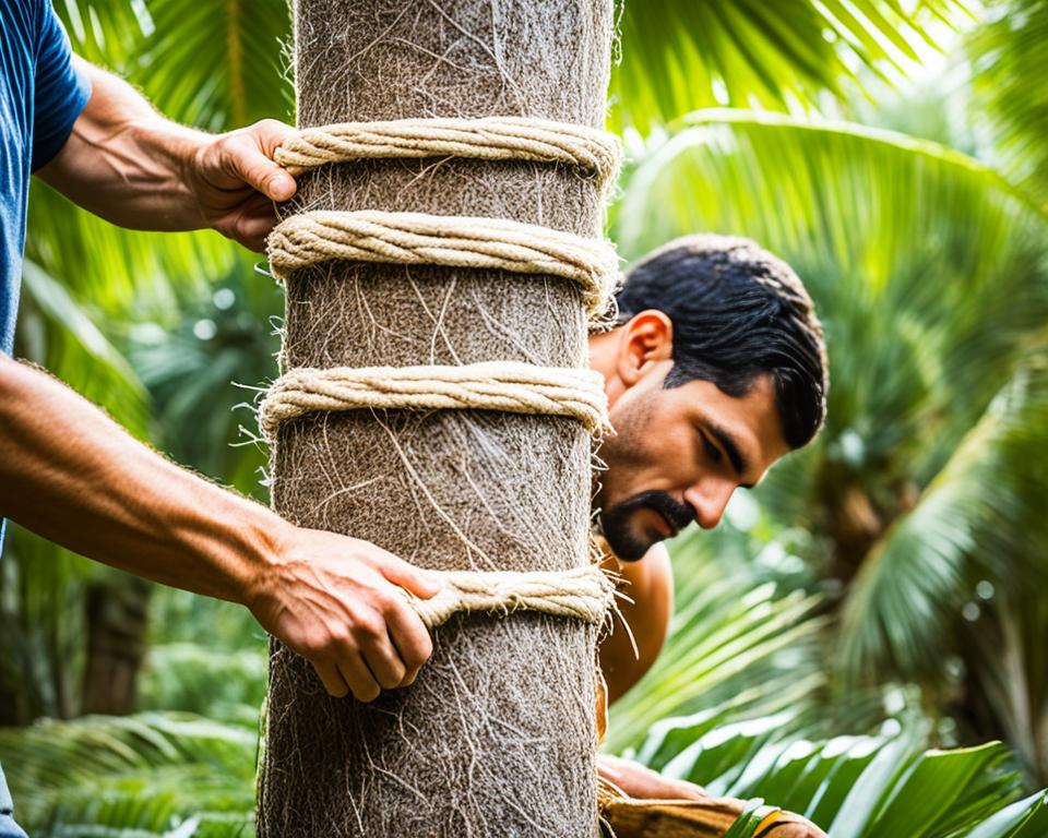 Baum mit Kokosstrick festbinden