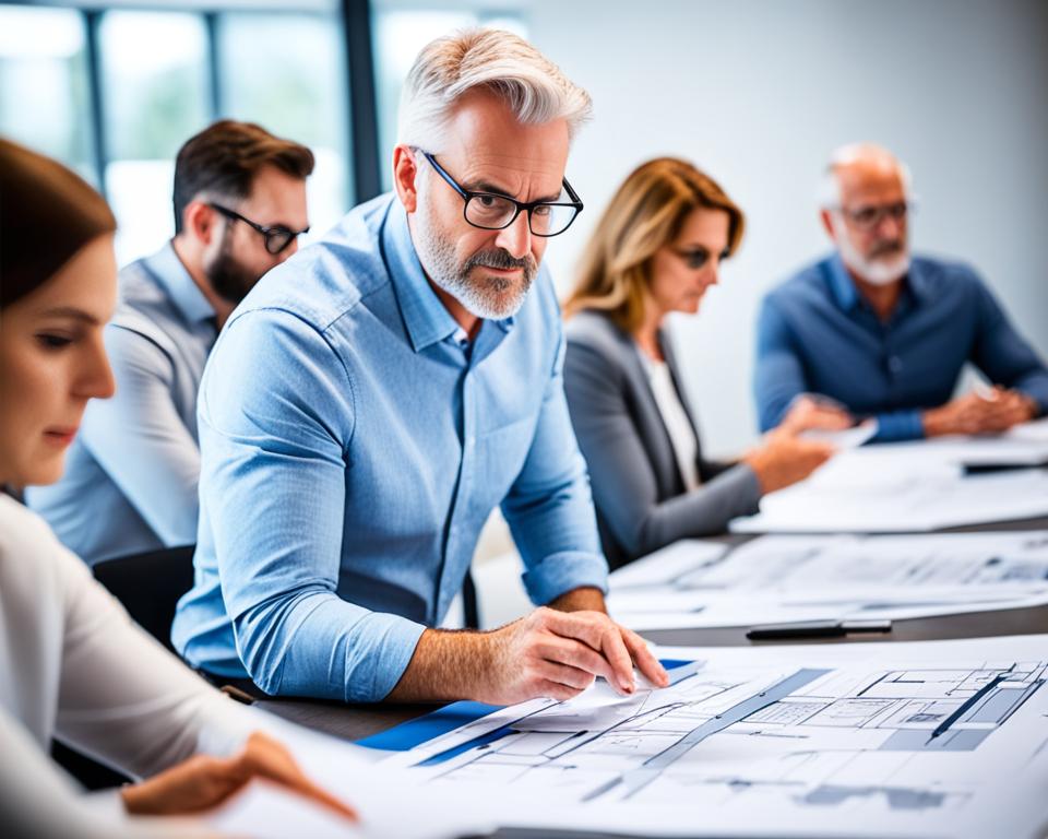 Erfahrener Architekt bei der Besprechung von Bauplänen