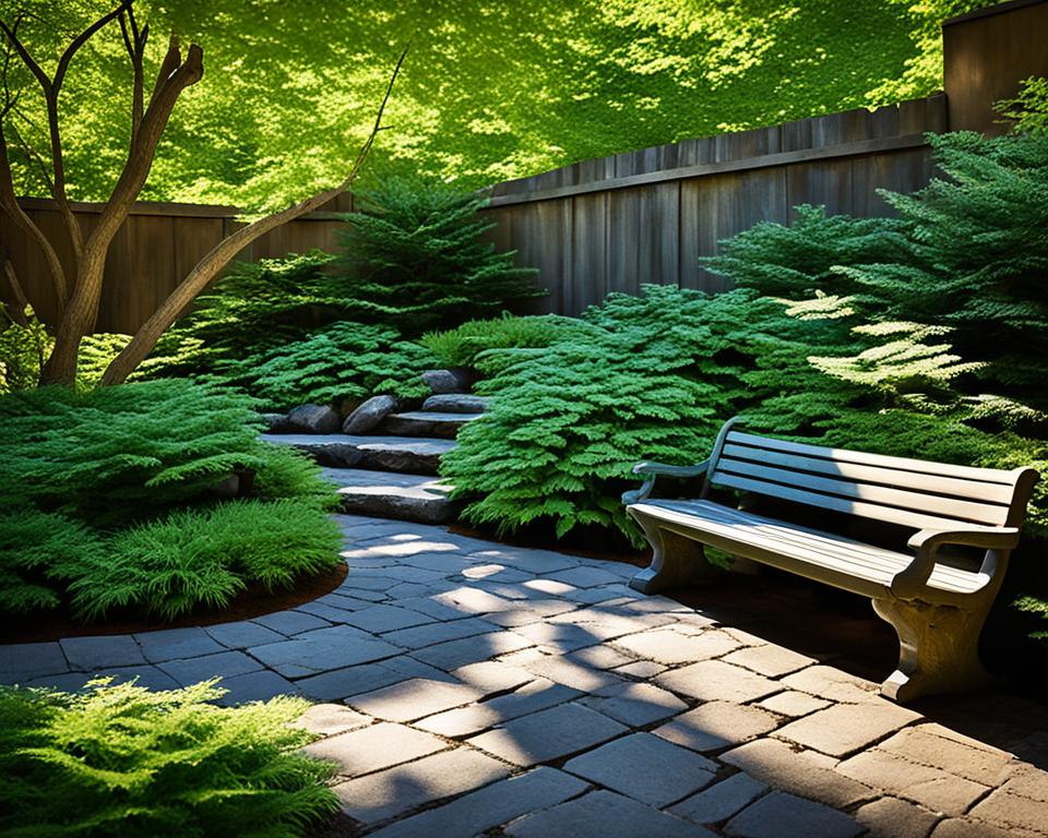Schattiger Gartenbereich mit immergrünen Gehölzen