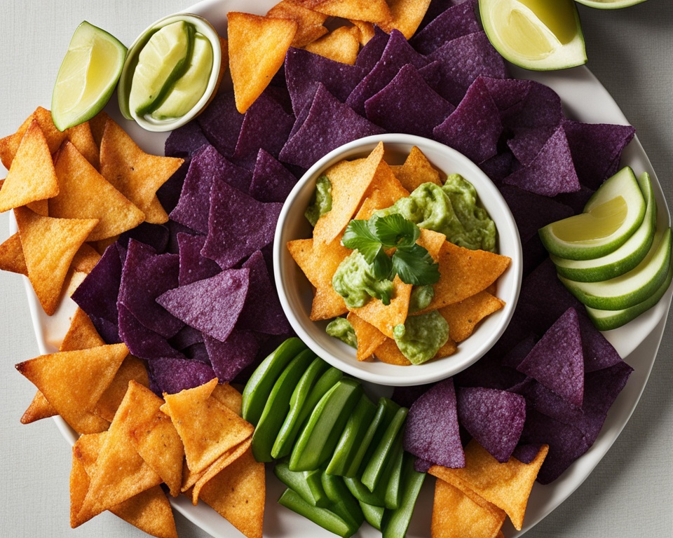 Gemüsechips und Dip, Nachos mit Sauce, Rohkost Dippen Gemüsechips und Dip, Nachos mit Sauce, Rohkost Dippen